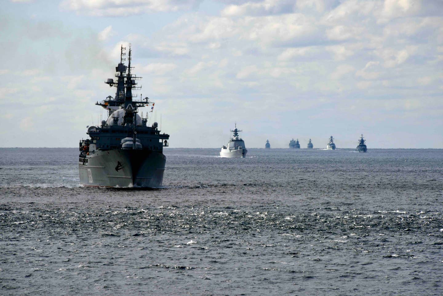 The warship formations of China and Russia sail through the Tsugaru Strait during the naval exercise Joint Sea-2021 on October 18, 2021, in the Western part of the Pacific Ocean.<em> Photo by Sun Zifa/China News Service via Getty Images</em>