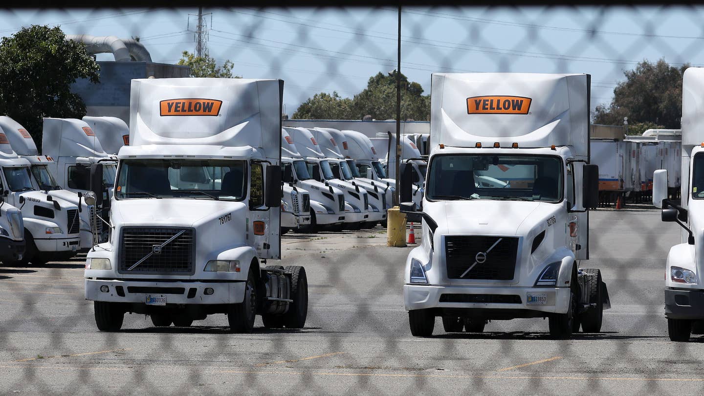 HAYWARD, CALIFORNIA - JULY 31: Yellow Corp. trucks sit idle at a company facility on July 31, 2023 in Hayward, California. Nashville-based Yellow is closing its doors on the verge of bankruptcy after years of financial struggle. The closure will cost 30,000 jobs, including those of 22,000 Teamsters union members.