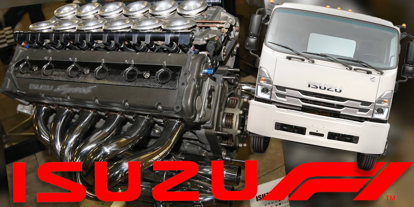Isuzu F1 V12 next to one of its trucks