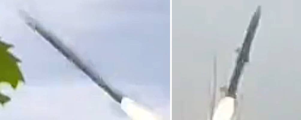 A side-by-side comparison of the missile seen in the Ukrainian Air Force video released this past weekend (at left) and an older one that clearly shows an AIM-120 (at right). <em>Ukrainian Air Force capture</em>