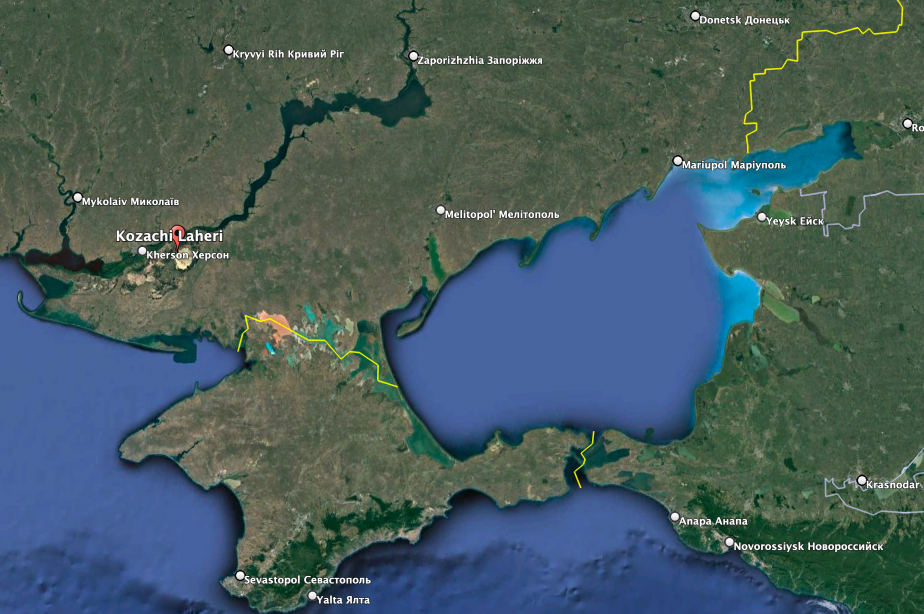 Kozachi Lageri is much closer to Crimea than the furthest advance of Ukraine's counteroffensive in Zaporizhzhia Oblast. (Google Earth image)
