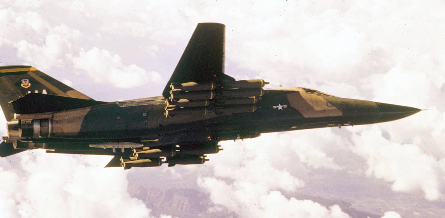 F-111A with a full load of 16 800-pound cluster bombs. <em>U.S. Air Force</em>