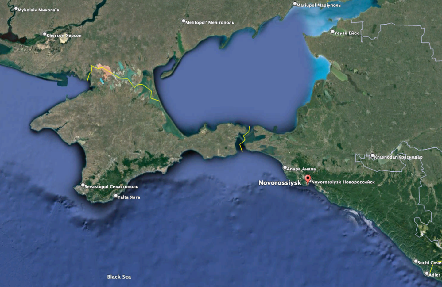 Novorossiysk is a major Russian port and another home to elements of the Black Sea Fleet. <em>Google Earth</em>