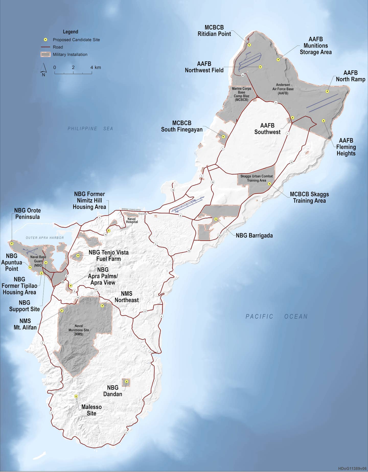 A map showing the 20 sites on Guam under consideration to host elements of the Enhanced Integrated Air and Missile Defense system. It also gives an overview of existing facilities belonging to the Air Force, Navy, and Marine Corps. <em>MDA</em>