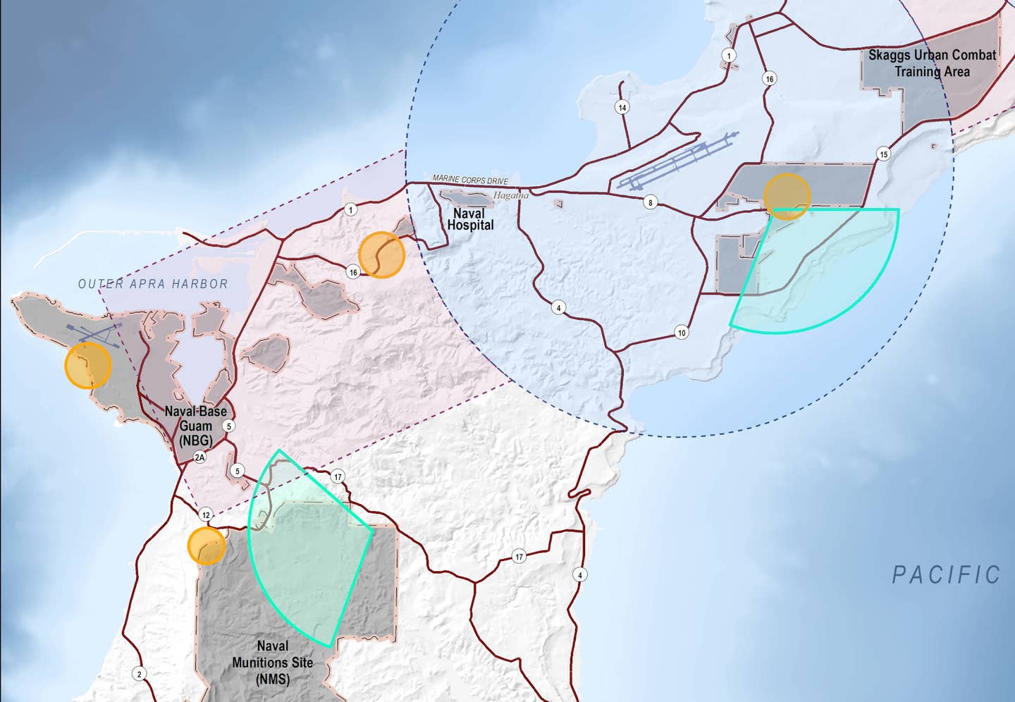A portion of the radar/airspace map showing radar arcs, in teal, emanating from the Barrigada&nbsp;site, at right, and the Naval Munitions Site (NMS) complex, at left. A number of smaller radar arcs are also shown in yellow. <em>MDA</em>