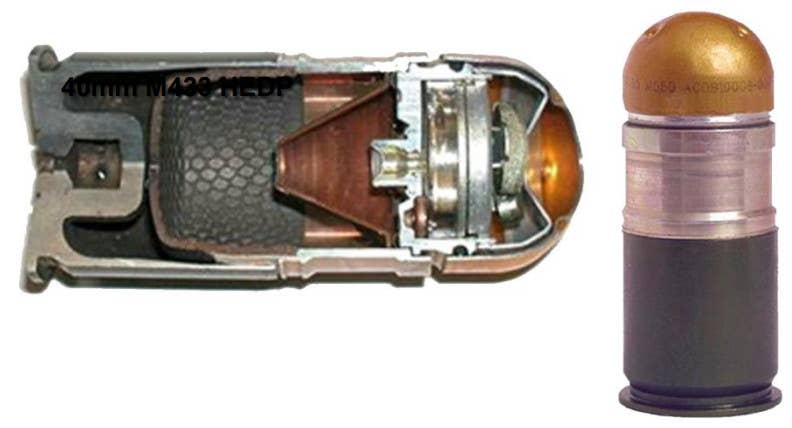 A composite image showing a 40x46mm M433 grenade and a cutaway, as examples of a 40mm HEDP type round and its design. <em>National Defense Corporation</em>