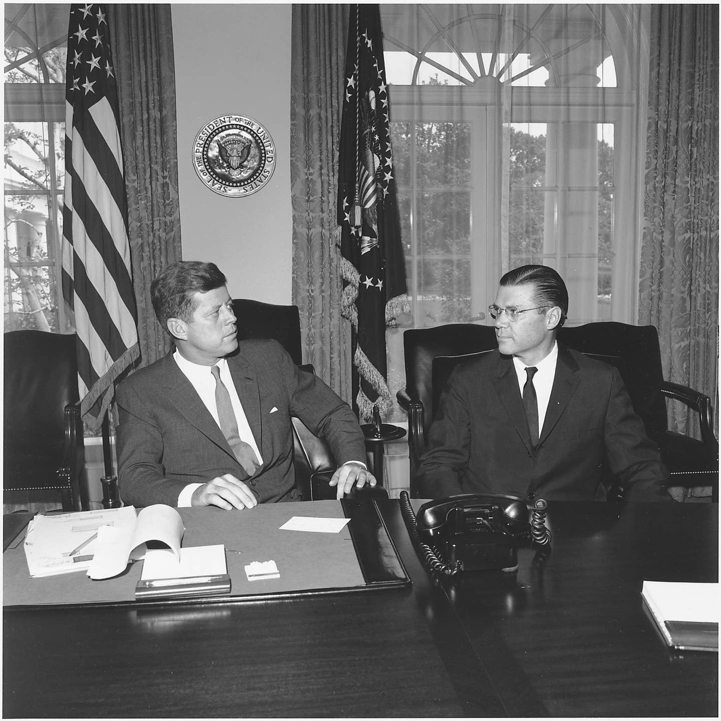 President&nbsp;Kennedy meets with <em>Secretary of Defense</em> <em>McNamara</em>, June 19, 1962. <em>John F. Kennedy Library&nbsp;</em>