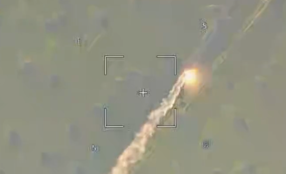 In a video first posted on a Russian Telegram channel, a Stryker Armored Vehicle appears to be hit on its right side by a Russian Lancet drone. (Telegram screencap)