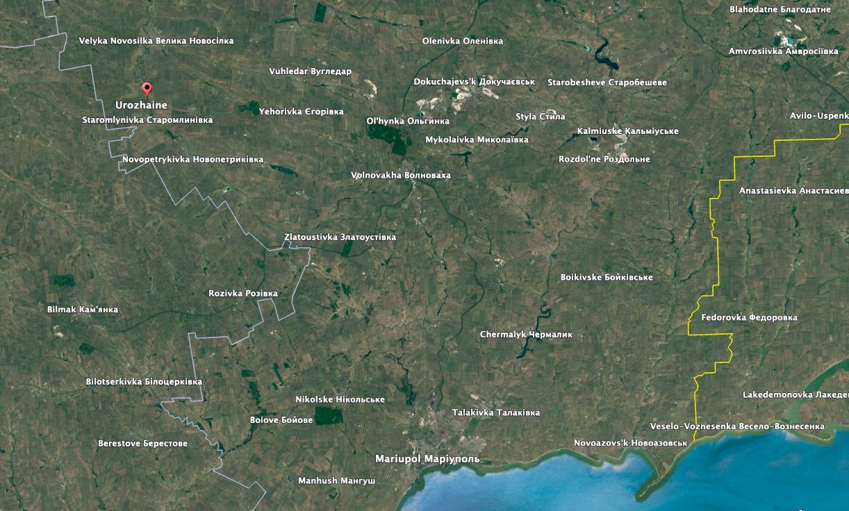 Het Oekraïense ministerie van Defensie zei dat zijn troepen Urozhaine in de oblast Donetsk, ongeveer 80 kilometer ten noorden van Marioepol, hebben ingenomen.  (Google Earth-afbeelding).