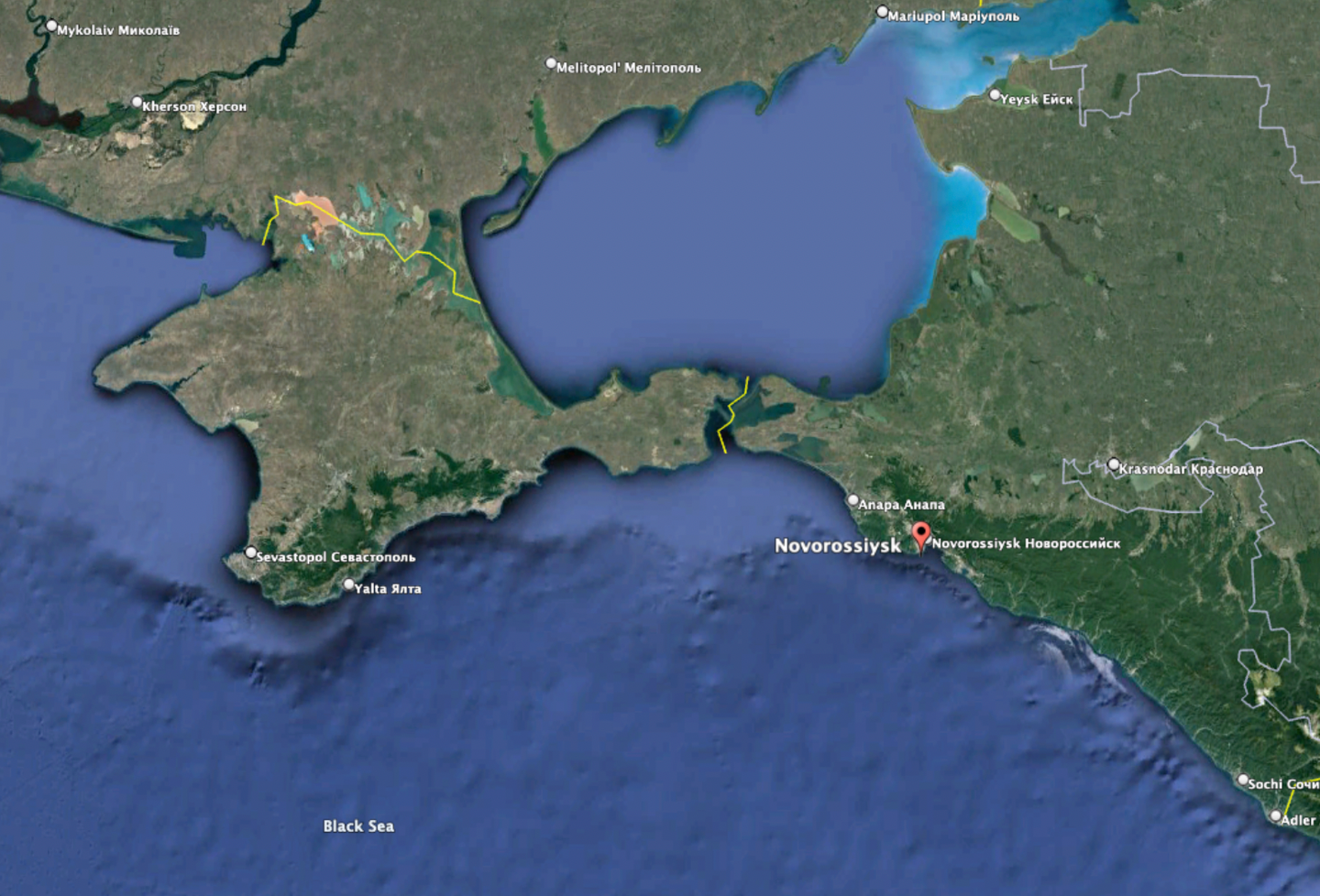 The location of Novorossiysk, a major Russian port and another home to elements of the Black Sea Fleet. <em>Google Earth</em>