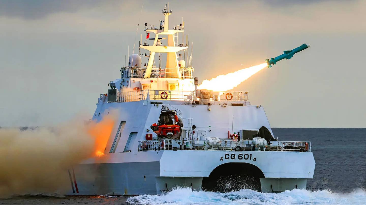 A Taiwanese Coast Guard <em>Anping</em> class catamaran patrol ship fires an HF-2 anti-ship cruise missile, which is unrelated to the HF-2E land-attack cruise missile. <em>Taiwan Military</em>