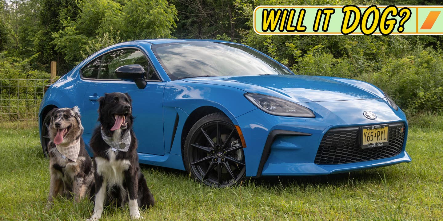 This small sports car is shown in contrast to two dogs, which look fairly large next to it.
