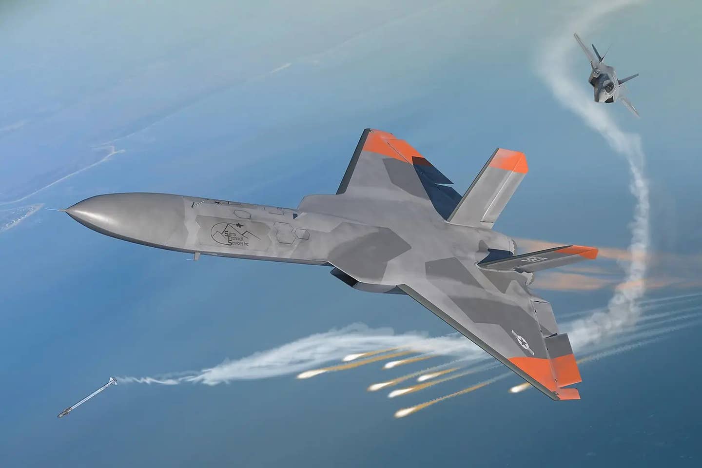 A rendering of a 5GAT drone dueling with an F-35 Joint Strike Fighter. The drone appears to have released countermeasure flares to help evade an AIM-9X Sidewinder missile fired by the F-35. <em>Sierra Technical Services</em>
