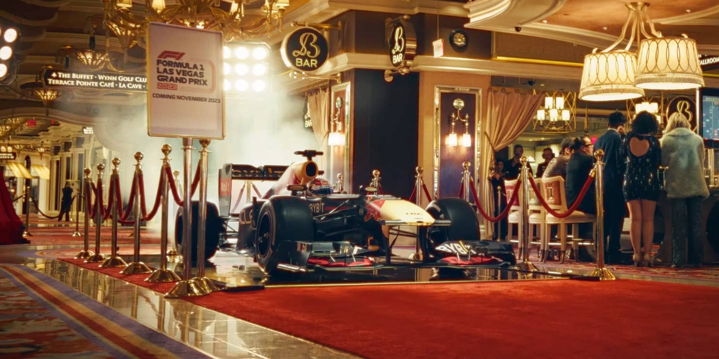 Sergio Perez sets off in his F1 car in a Las Vegas casino.