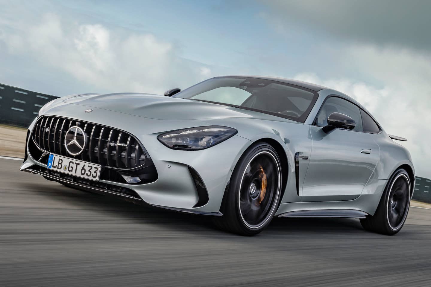 2024 Mercedes-AMG GT 63 4MATIC+ front three-quarter in silver