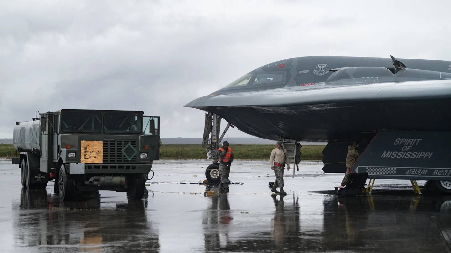 B-2 bomber pictured during the aircraft's first visit to Iceland, 2019. <em>U.S. Air Force</em>