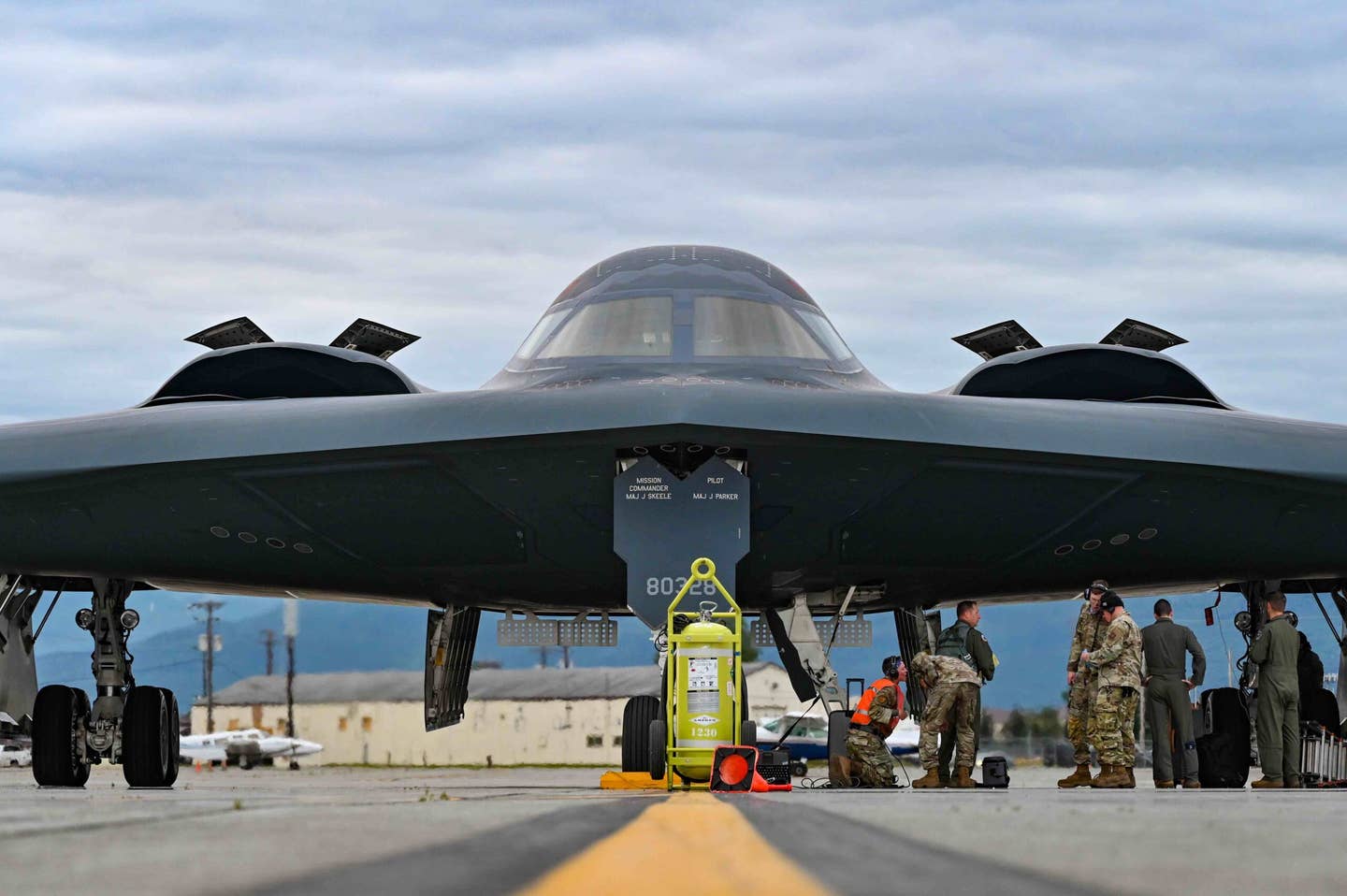 A B-2 Spirit assigned to the 509th Bomb Wing is refueled at Joint Base Elmendorf-Richardson, Alaska, July 19, 2023, as part of a bomber Agile Combat Employment exercise. <em>U.S. Air Force photo by Senior Airman Zachary Wright</em>