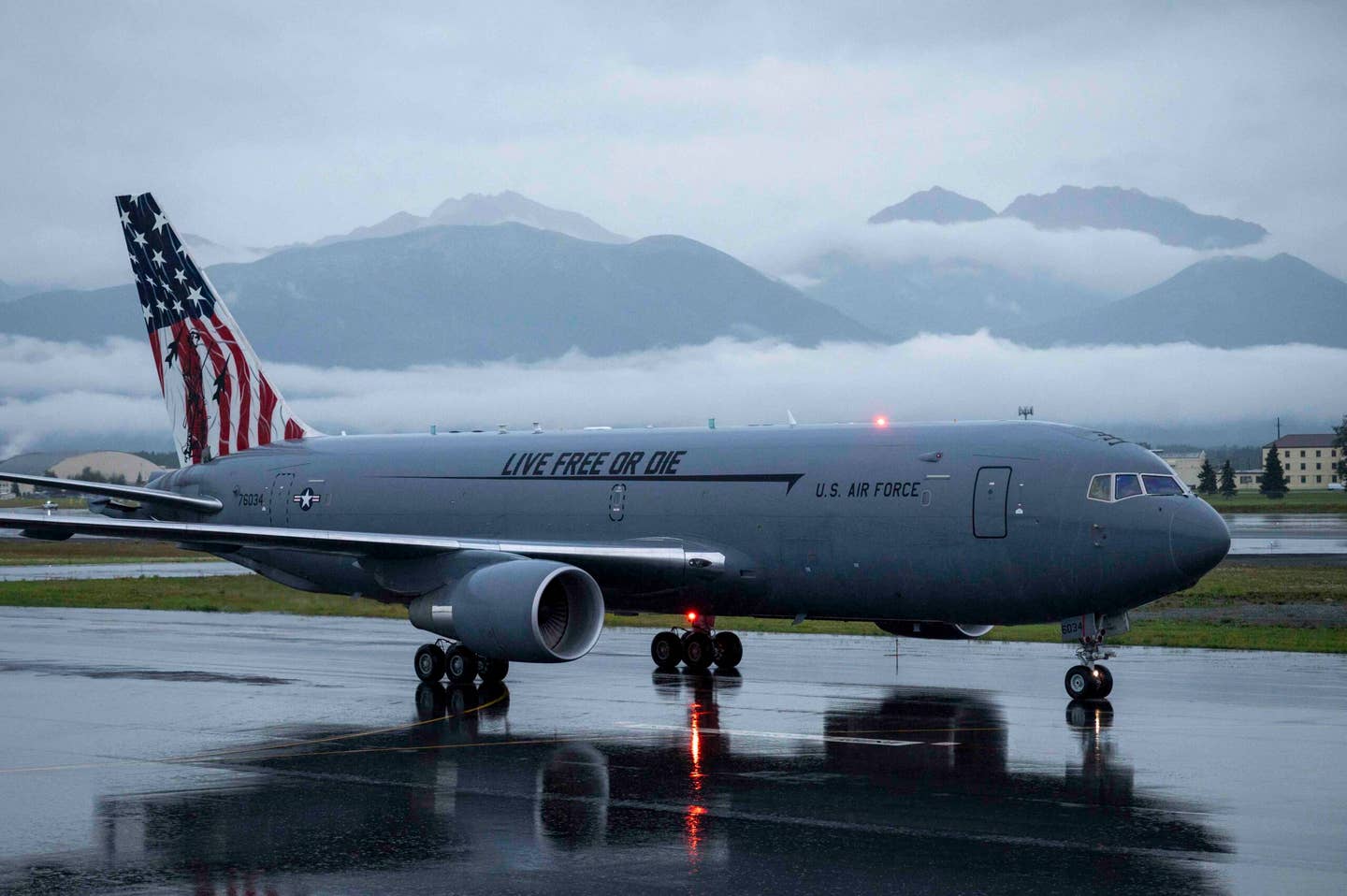 A U.S. Air Force KC-46A Pegasus assigned to the 133rd Aerial Refueling Squadron, Pease Air Force Base, NH, taxis down the flight line during RED FLAG-Alaska 23-3 at Joint Base Elmendorf-Richardson, Alaska, August 15, 2023. <em>U.S. Air Force photo by Airman 1st Class Andrew Britten</em>