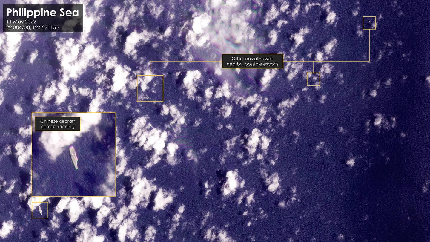An annotated commercial satellite photo showing the Chinese aircraft carrier Liaoning and possible escorts in the Philippine Sea last year. Purpose-built spy satellites, including those that China operates now in large numbers, are generally assumed to provide much higher-resolution imagery. <em>PHOTO © 2022 PLANET LABS INC. ALL RIGHTS RESERVED. REPRINTED BY PERMISSION / @detresfa_ </em>