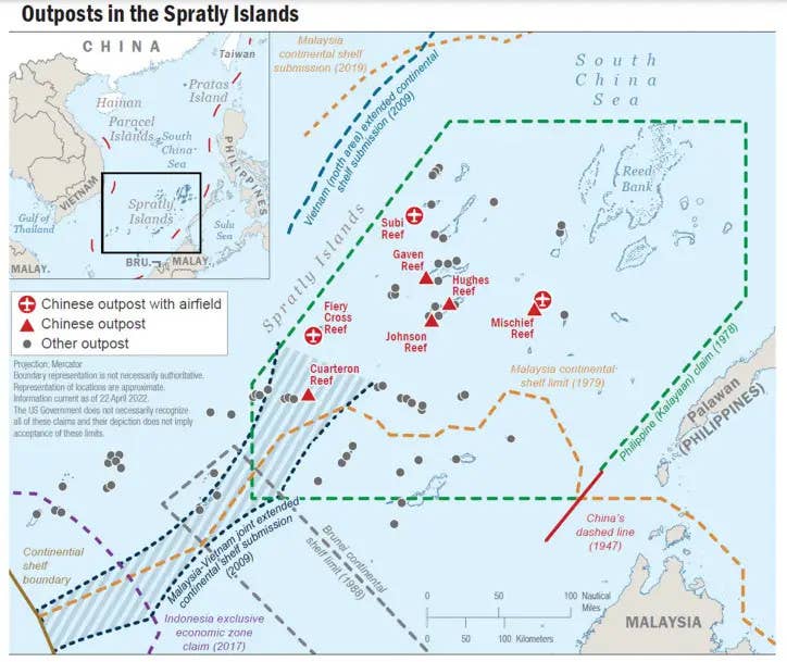 A US Department of Defense map showing island outposts belonging to China and other countries, as well as the boundaries are various competing territorial claims, just in the Spratly Islands chain at the southern end of the South China Sea. <em>DOD</em>
