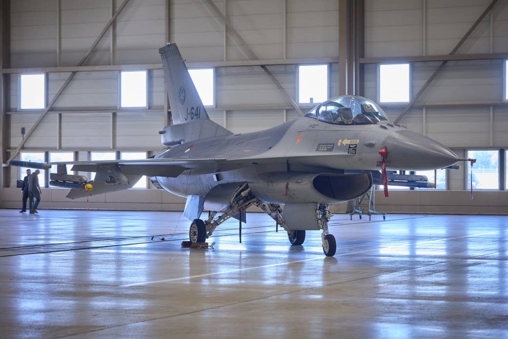 A Royal Netherlands Air Force F-16 at the Eindhoven Air Base on display during Ukrainian President Volodymyr Zelensky's visit on Sunday. (Ukrainian President's Office photo)