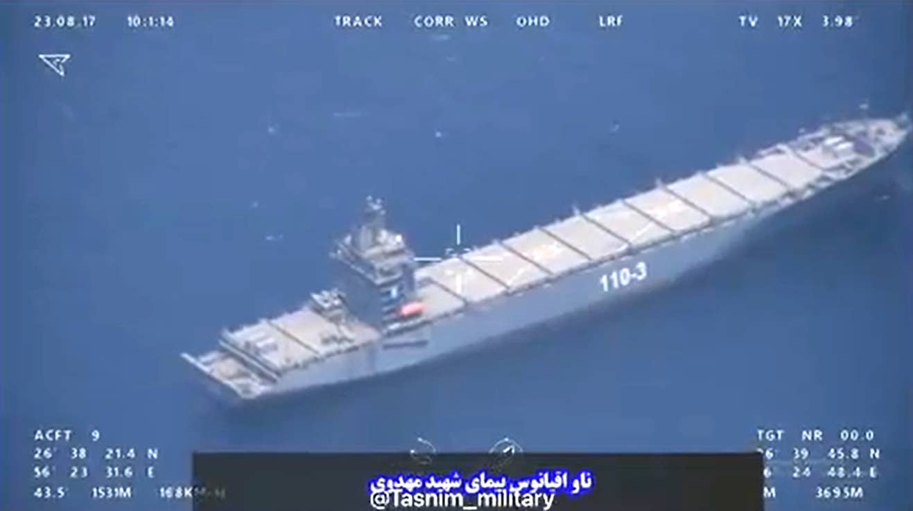 The<em> <em>Shahid Mahdavi</em></em> taking part in the shadowing of US naval forces in the Strait of Hormuz on August 17, 2023. <em>IRGC capture via Tasnim News Agency</em>