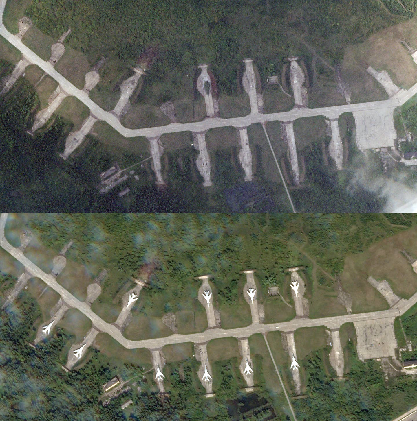 A comparison between a satellite image of the base taken today (top) and the one taken on the 16th of August (bottom). <em>PHOTO © 2023 PLANET LABS INC. ALL RIGHTS RESERVED. REPRINTED BY PERMISSION</em>