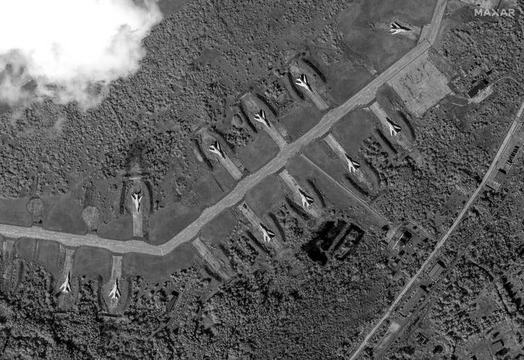 An overview of the Soltsy-2 airfield taken Aug., 10 shows at least Backfire bombers. (Maxar Technologies satellite image)