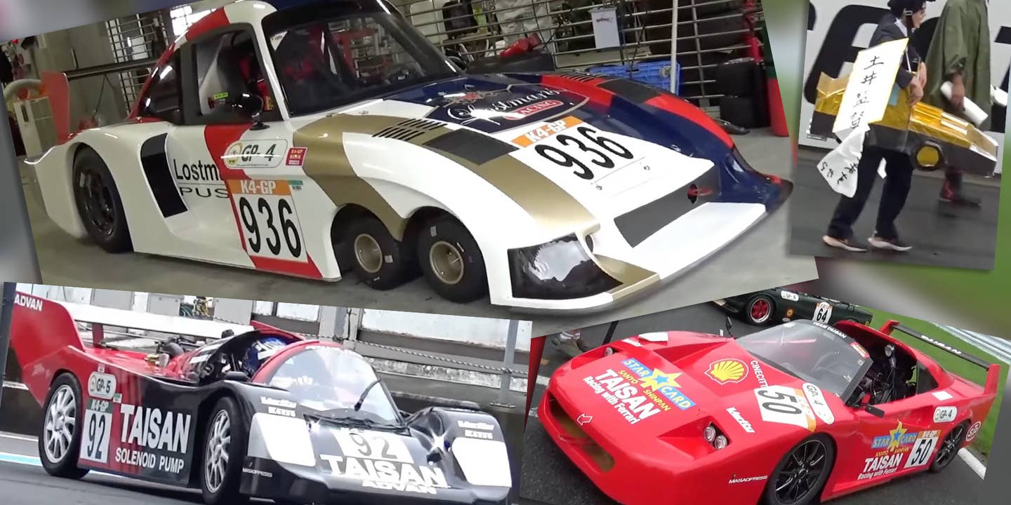 K4-GP cars, including a six-wheeled Porsche 935 tribute with four front wheels, a Porsche 962 clone, and a Ferrari F40 GT