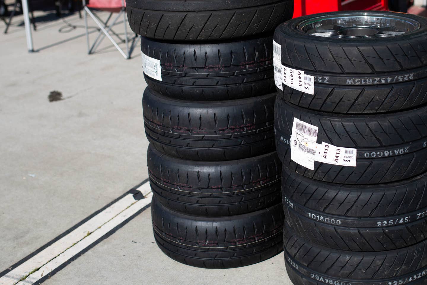 A fresh set of RE-71RS for race day, pictured to the left of the Hankook RS-4. <em>Chris Rosales</em>