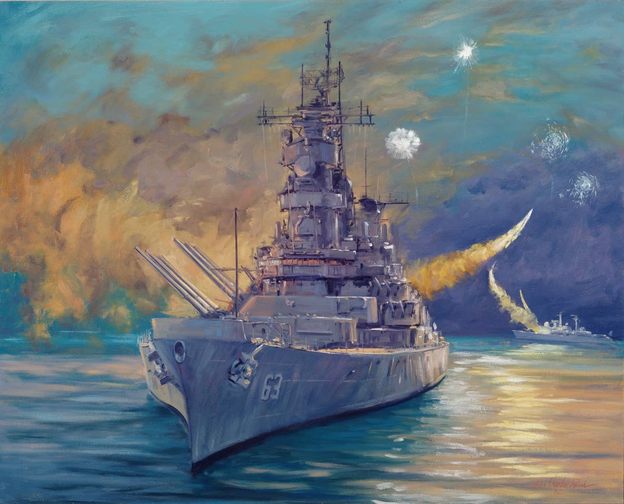 An artists' representation of USS <em>Missouri</em> on February 25, 1991, off the coast of Kuwait. <em>U.S. Navy</em>
