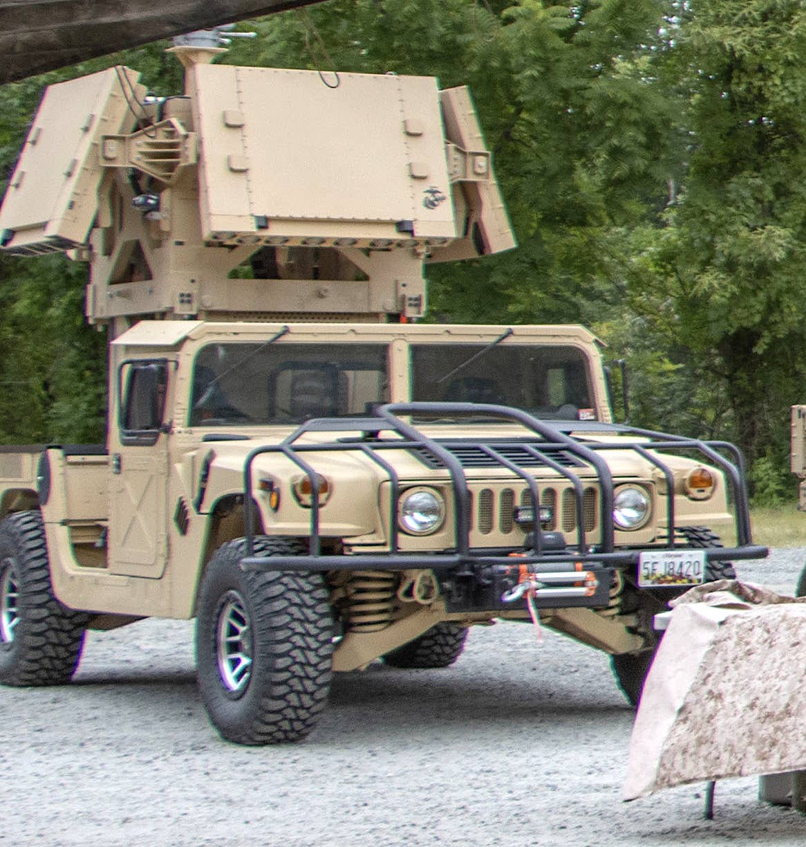 A Humvee equipped with an Enhanced &amp; Extended Multi-Mission Hemispheric Radar system on display at Marine Corps Base Quantico, Virginia, in July 2023. <em>USMC</em>