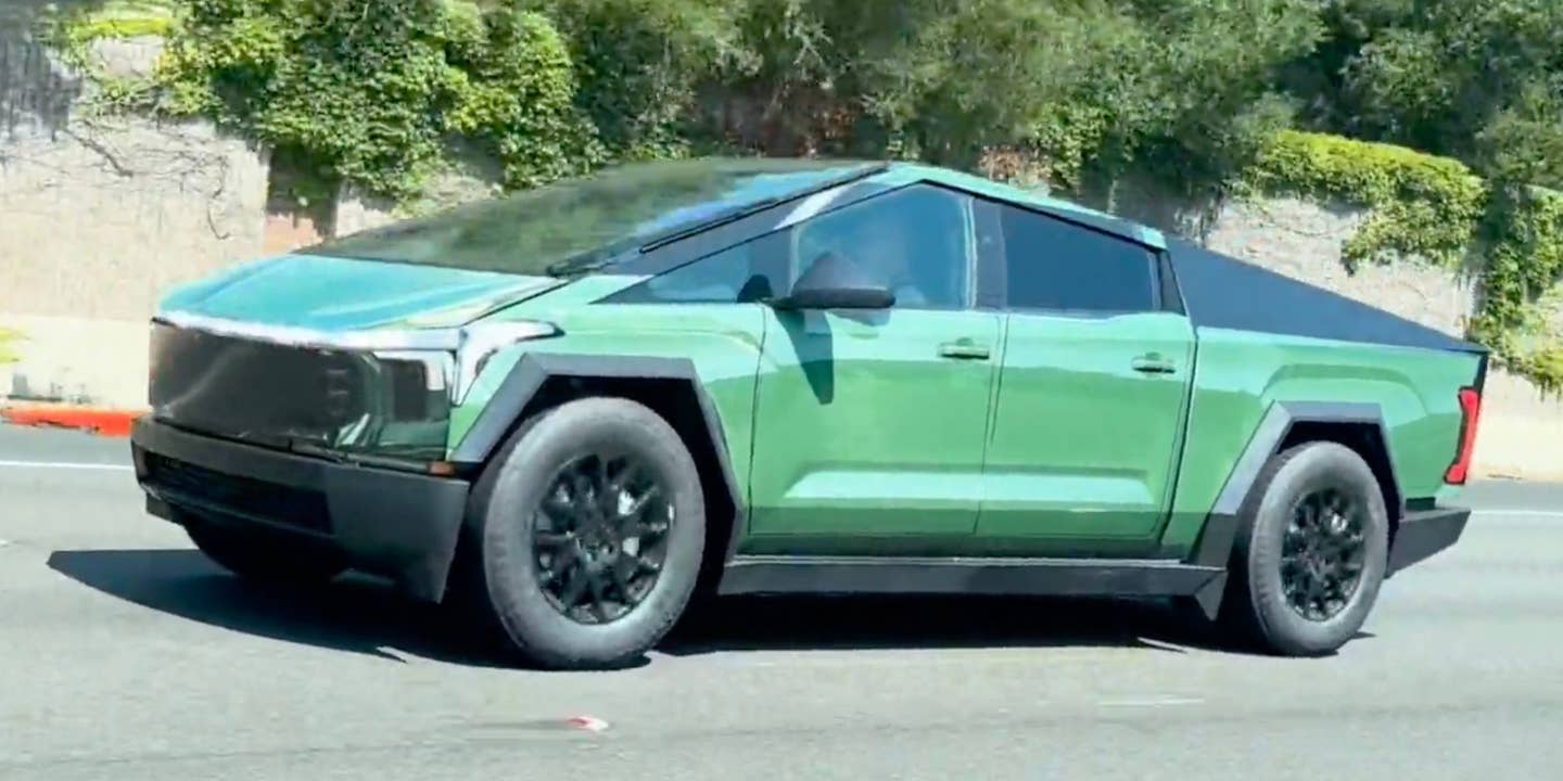 Tesla Cybertruck wrapped to resemble a Toyota Tundra