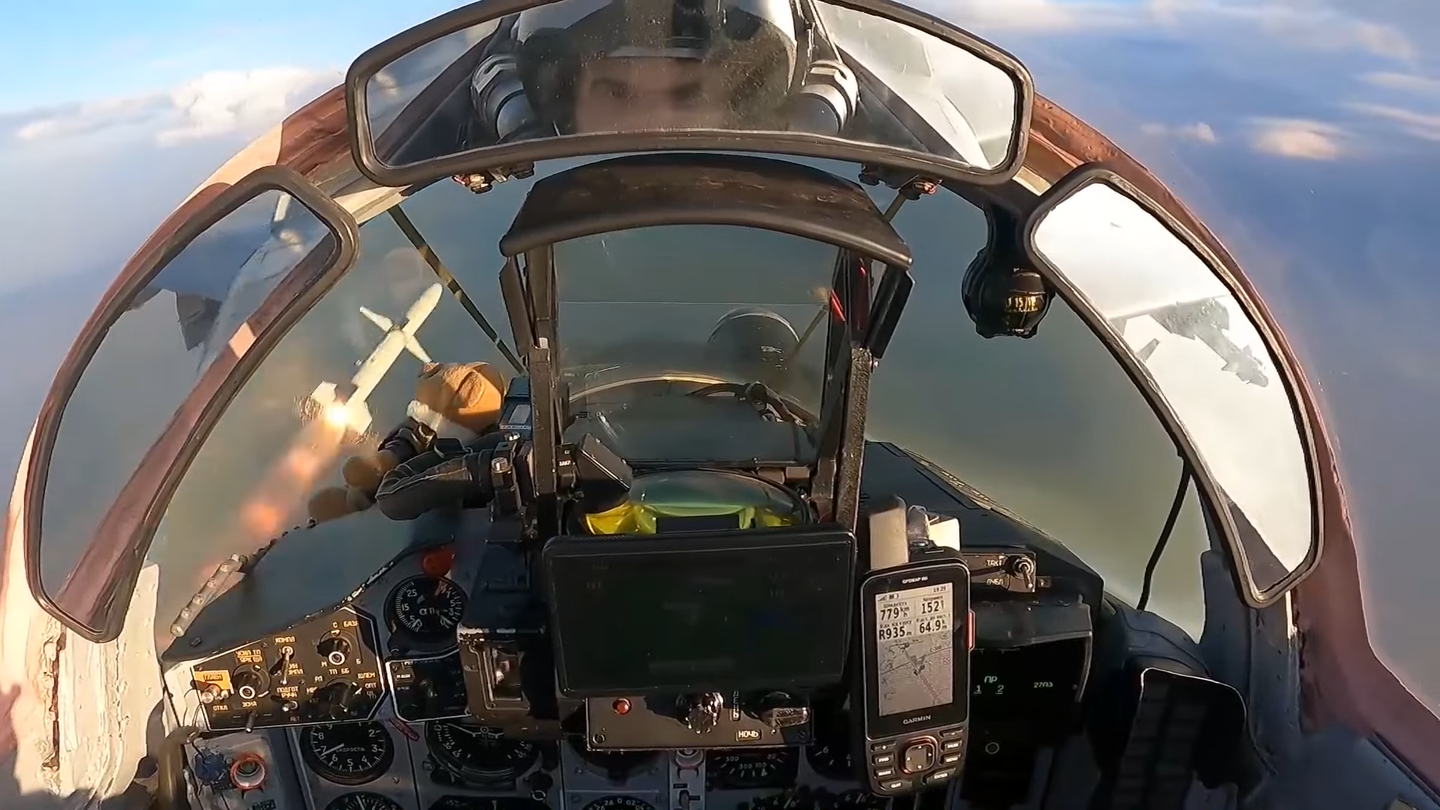 The view from the cockpit as a Ukrainian MiG-29 launches a U.S.-made AGM-88 HARM missile. <em>Ukrainian Air Force</em>