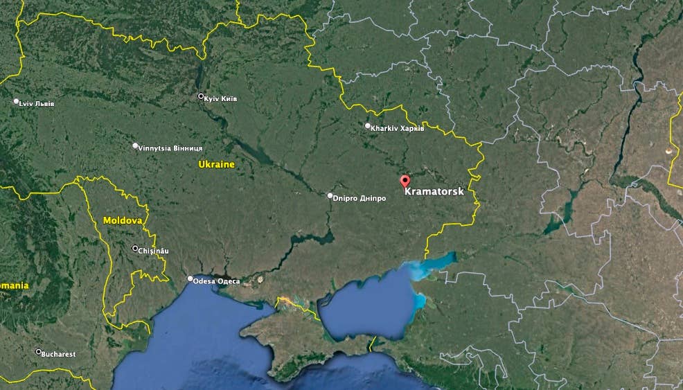 The Ukrainian helicopters crashed in Kramatorsk, Donetsk Oblast, Ukrainian media is reporting. (Google Earth image)