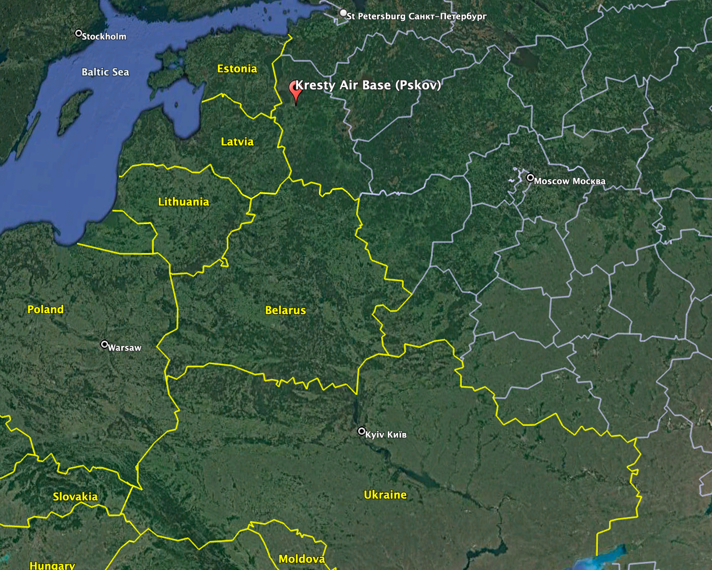 The approximate location of Kresty Air Base, in Pskov Oblast. <em>Google Earth</em>