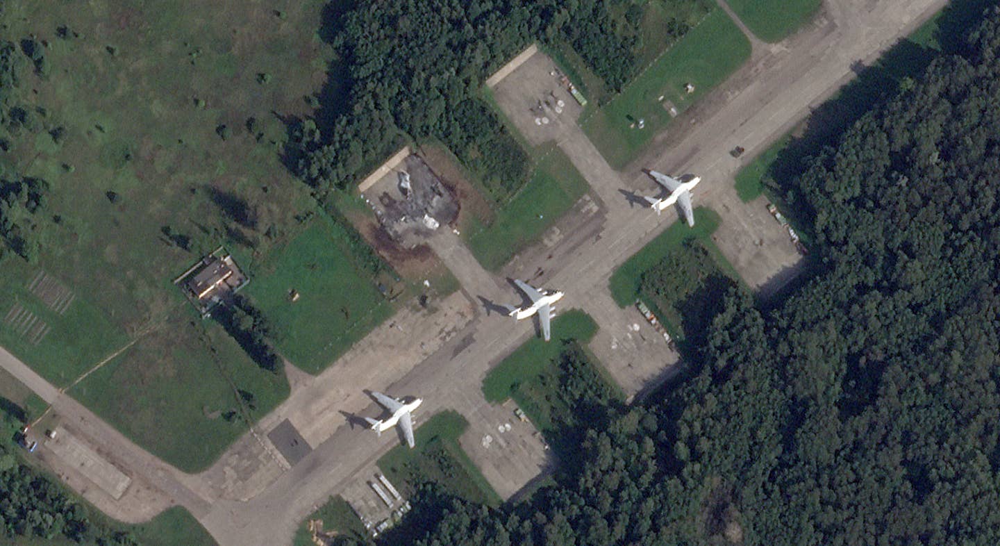 A Russian IL-76 Candid transport jet seen destroyed during a Ukrainian drone attack on Kresty Air Base in Pskov, Russia.  <em>PHOTO © 2023 PLANET LABS INC. ALL RIGHTS RESERVED. REPRINTED BY PERMISSION</em>