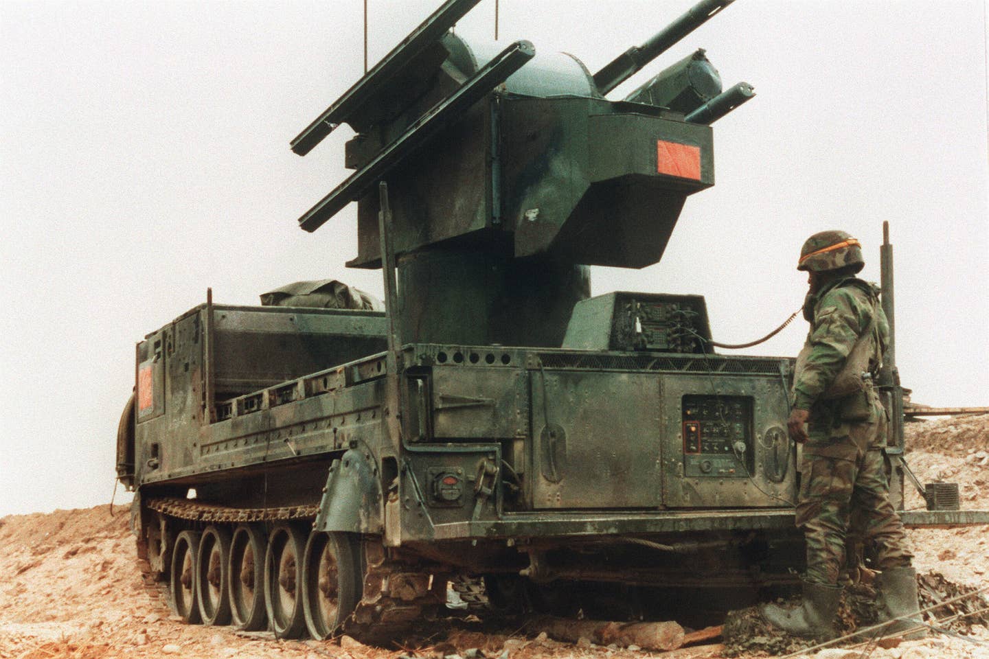 Seen without its Sidewinder missiles loaded, a U.S. Army M48 Chaparral from the 55th Air Defense Artillery is deployed during Team Spirit in 1991. <em>U.S. Department of Defense</em>