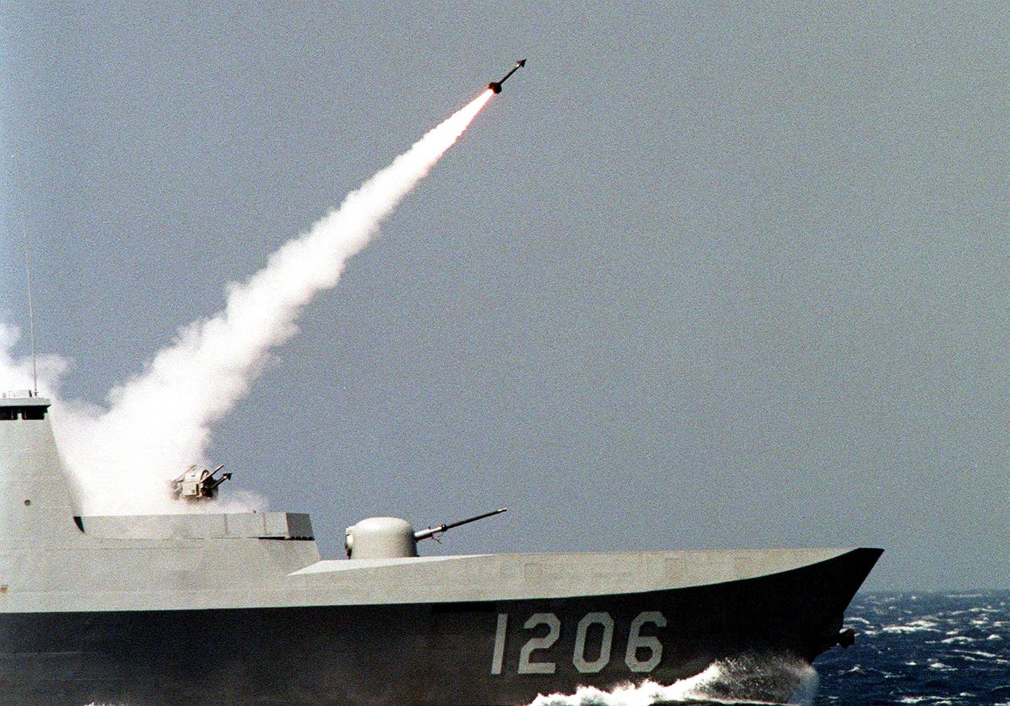 A Taiwanese Sea Chaparral missile is launched from one of six French-made <em>Lafayette</em> class warships during a military exercise rehearsal. <em>TAO-CHUAN YEH/AFP via Getty Images</em>