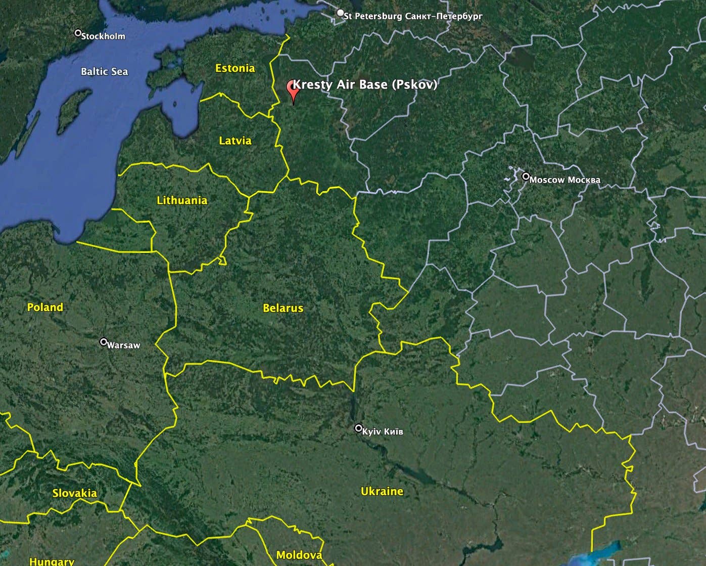 Kresty Air Base is located about 430 miles northwest of the Ukrainian border, near Estonia. (Google Earth image)