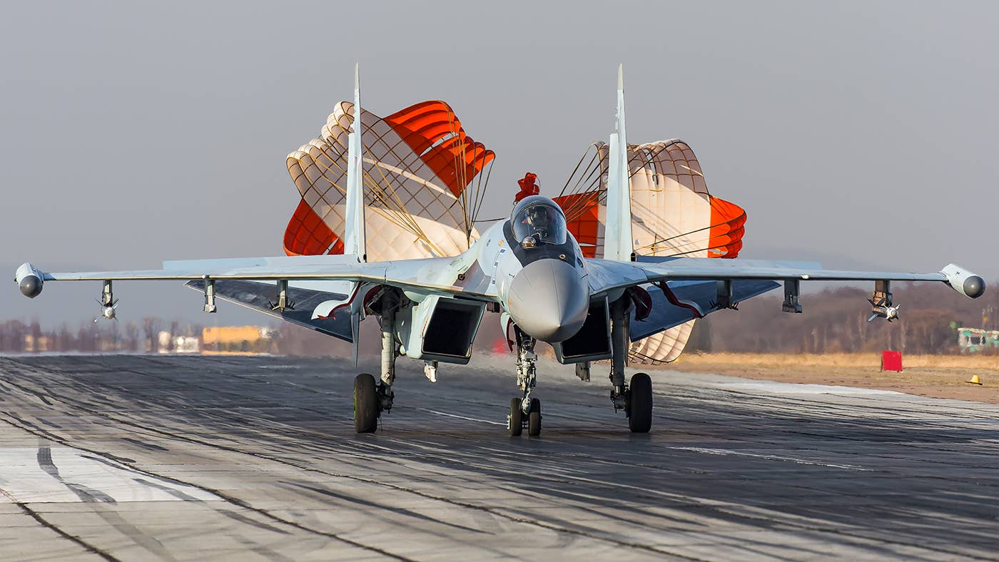 An Su-35 landing at Russia's airbase in Syria. <a href="https://commons.wikimedia.org/w/index.php?title=User:AnShmat&amp;action=edit&amp;redlink=1">Andrei Shmatko</a>/wikicommons (CC BY-SA 4.0)