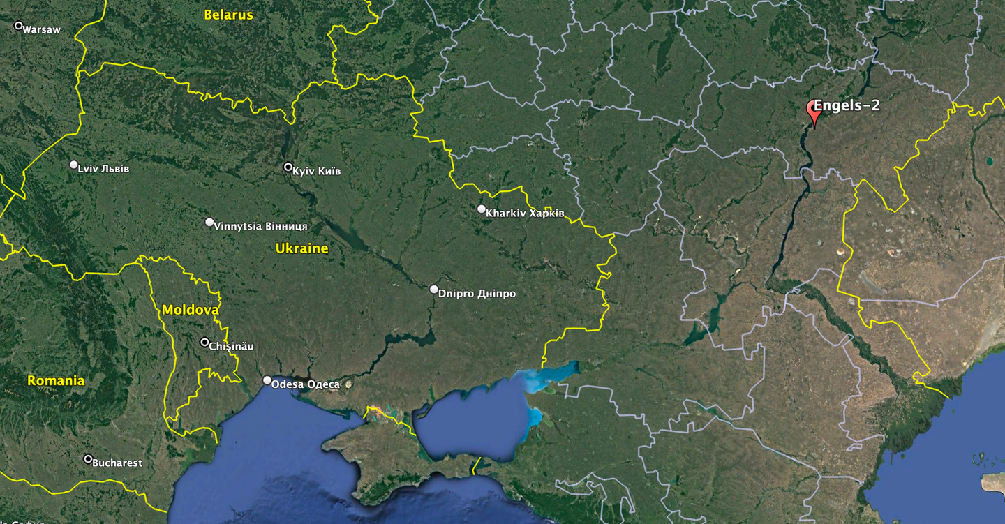 The approximate location of Engels-2 airbase in relation to Ukraine and the wider region. <em>Google Earth</em>
