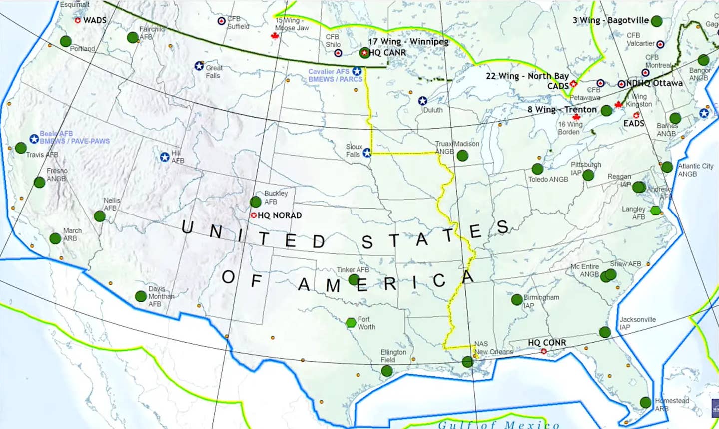 An unclassified map showing air defense nodes in the contiguous United States, including green circles denoting bases hosting Air Force fighters tasked with homeland defense, circa 2021. <em>DOD</em>