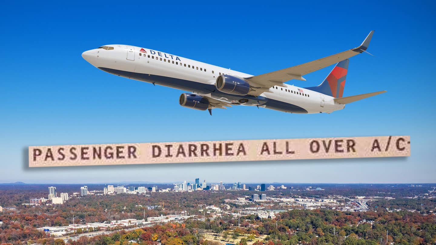 A Delta Air Lines Boeing 737-10 over Atlanta with the message "passenger diarrhea all over A/C" below