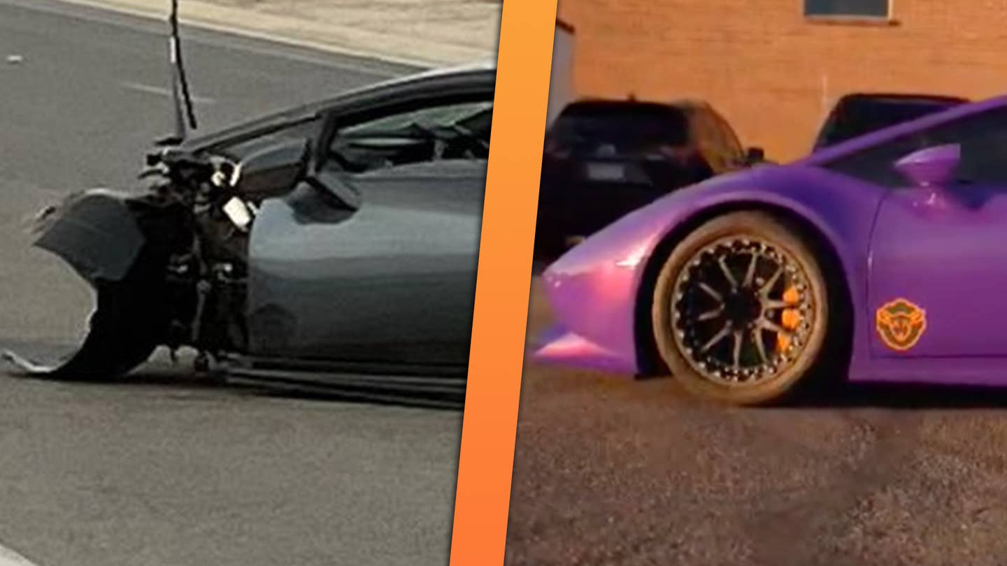 Note the sticker placement in the photo of the crashed Huracán compared with an earlier photo of one of Harmon's vehicles—possibly the same car with a wrap applied.