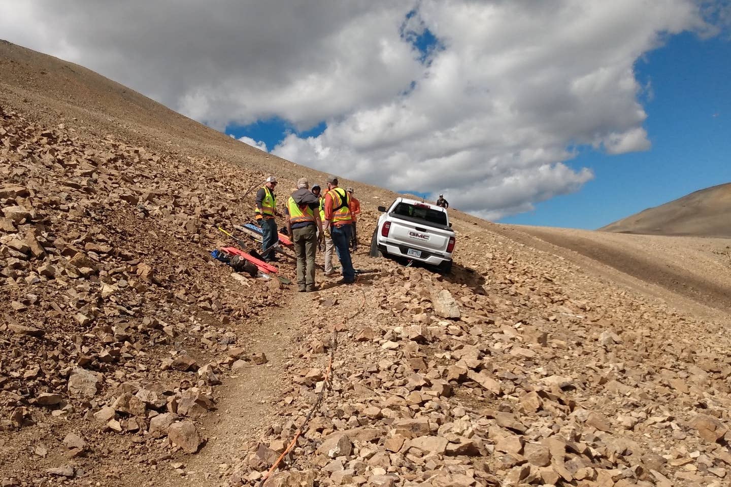 A 2023 GMC Canyon AT4 stuck on a hiking trail in Colorado