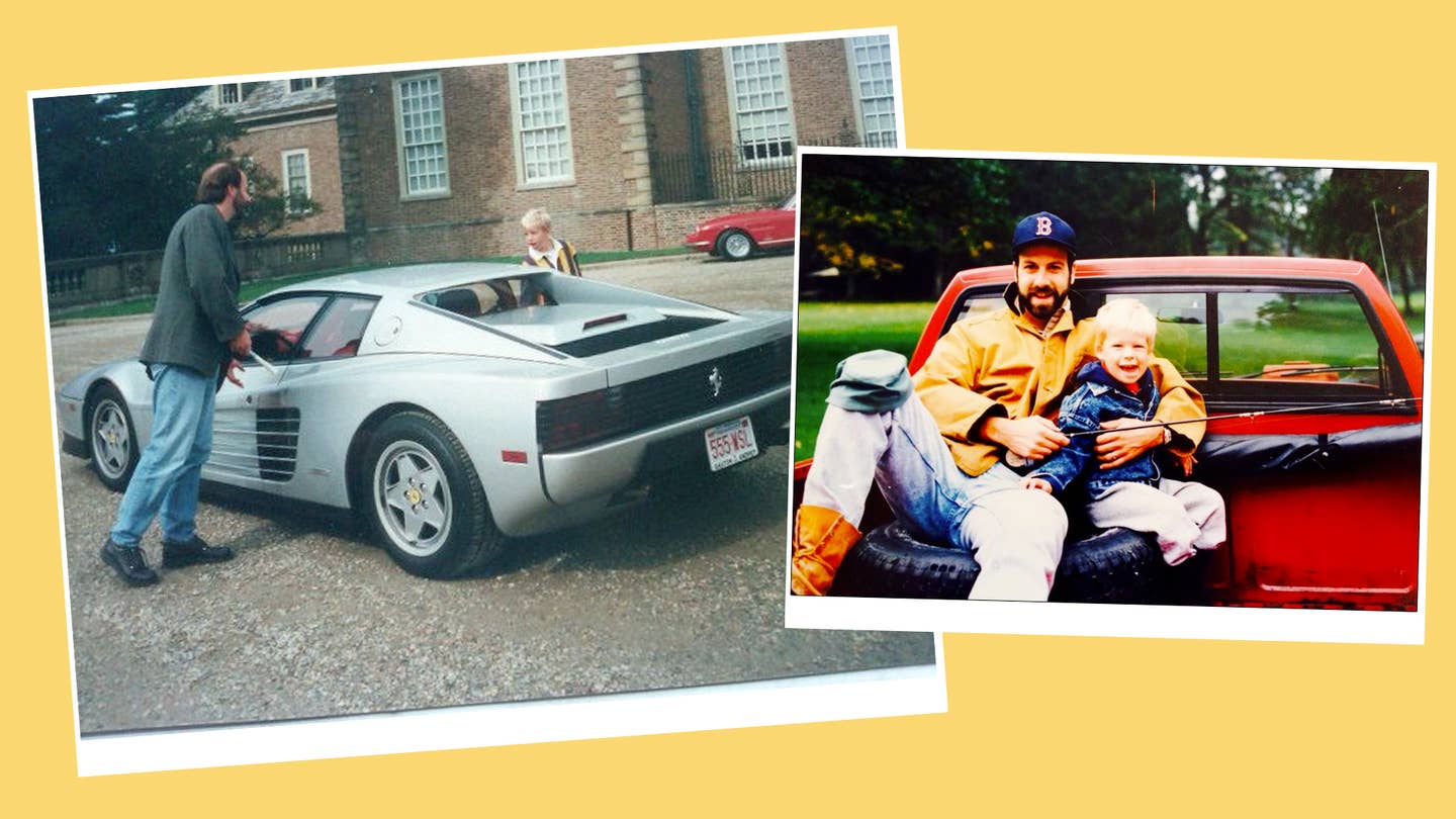 Two '90s memories with pops. The left picture's not a flex, it was dad's idea to get a pic of his favorite vehicle at a car show "like we're about to take off!" On the right is a more realistic reflection of my childhood—hanging out in grandma's Chevy S-10. I still remember how wet my butt got from sitting on that spare tire. <em>Collins Family Archive</em>