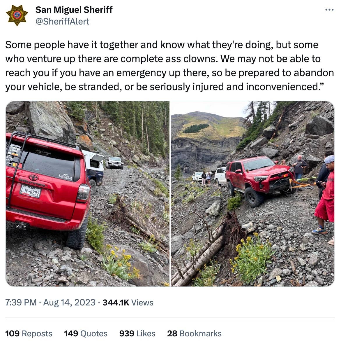 San Miguel Sheriff lambasts an incompetent off-roader on social media, calling them &quot;complete ass clowns&quot;