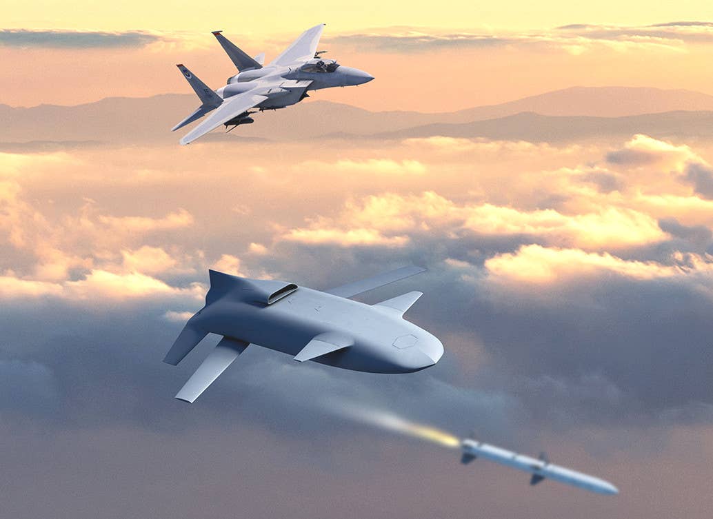 A rendering of General Atomics' LongShot drone, with an Air Force F-15C Eagle fighter depicted in the background. <em>GA-ASI</em>