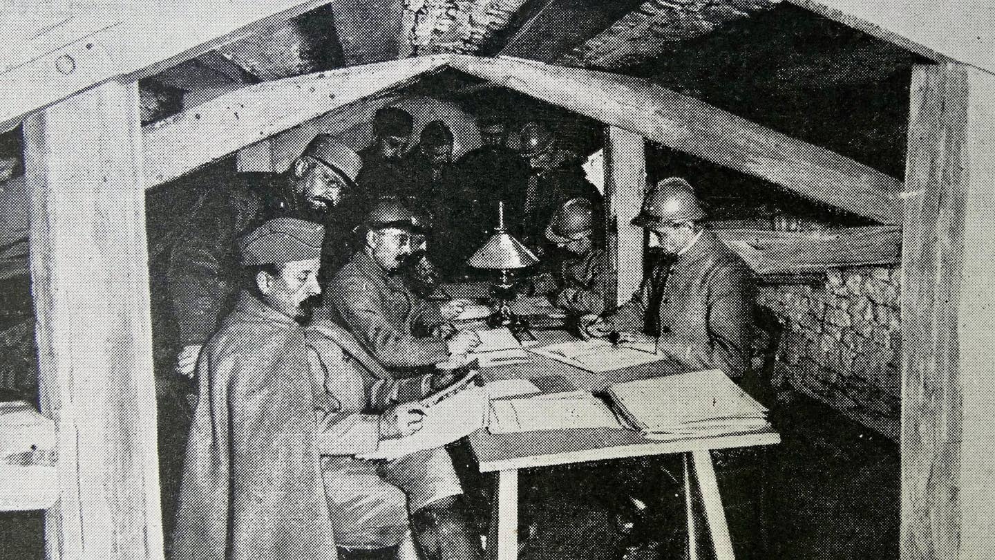 French officers in an underground HQ on the western front during world war one, 1916. (Photo by: Universal History Archive/UIG via Getty images)